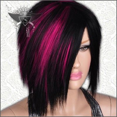 ♥ ~ ♥ Pink and Black ♥ ~ ♥ Dark Hair With Hot Pink Highlights, Black And Pink Hair Short, Black And Pink Hair, Straight Fashion, Pink And Black Hair, Metallica Band, Color Streaks, Purple Highlights, Hair Streaks