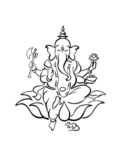 Ganesha, Hindu God of Beginnings, on Lotus Flower. Silhouette Ink Sketch God Outline, Ink Silhouette, Lotus Flower Outline, Goddess Drawing, Lotus Vector, God Painting, Photo Embroidery, Ganpati Ji, Vector Nature