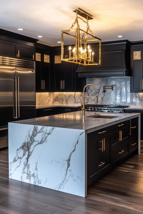 Explore the latest kitchen design with stunning marble countertops and chic black cabinets. The gold accents and sophisticated lighting add a touch of luxury and elegance to your cooking space. Perfect blend of style and functionality! 🖤✨ #KitchenInspo #ModernHome #InteriorDesign Panda Marble Kitchen, Black Gold And White Kitchen, Black And Marble Kitchen, Kitchen Marble Design, Black White And Gold Kitchen, Modern Marble Kitchen, White Marble Backsplash, Black And Gold Kitchen, Black Kitchen Design