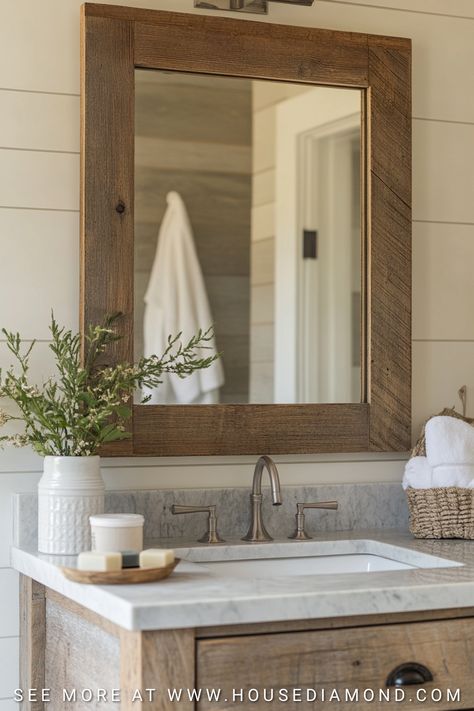 31 Farmhouse Bathroom Ideas Rustic Sinks, Farmhouse Bathroom Mirrors, Rustic Sink, Beadboard Wainscoting, Farmhouse Style Lighting, Farmhouse Bathroom Ideas, Log Cabin Interior, Farmhouse Vanity, Vintage Ladder