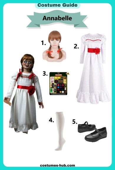 Annabelle Costume Halloween Costumes Annabelle, Anabelle Makeup, Annabelle Halloween Costume, Annabelle Cosplay, Soft Eyebrows, Annabelle Costume, Annabelle Halloween, Plain White Dress, Braided Pigtails