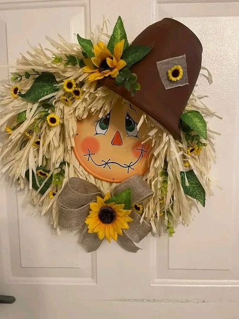 Dollar Tree Fanatics Crafts & Decor & DIY With Freebies 🟢⚪ | Beautiful Scarecrow wreath , made hula skirts ❤️☺️🌹 | Facebook Scarecrow Wreath Diy, Scarecrow Diy, October Decor, Fall Decorations Diy, Deco Mesh Wreath Ideas, Dollar Tree Crafts Diy, Make A Scarecrow, October Decorations, Diy Scarecrow