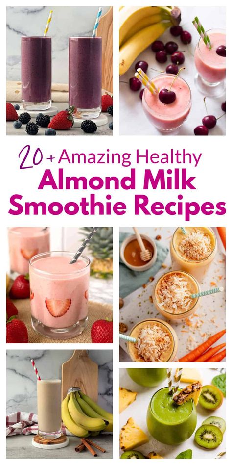 ​These almond milk smoothie recipes have two things in common. They are all healthy smoothie recipes, and they all use almond milk in the ingredients. Whip up refreshing almond milk smoothies in minutes! Blend your favorite fruits, veggies, or both for a creamy and healthy drink. Frozen fruit adds thickness, so get creative with berries, bananas, kale, or mango. Enjoy a delicious and nutritious boost anytime #almondmilksmoothierecipes #almondmilksmoothies Almond Milk Smoothies, Frozen Fruit Smoothie Recipes, Milk Smoothie Recipes, Almond Milk Smoothie, Almond Milk Smoothie Recipes, Berry Protein Smoothie, Frozen Fruit Smoothie, Blueberry Smoothie Recipe, Almond Milk Recipes