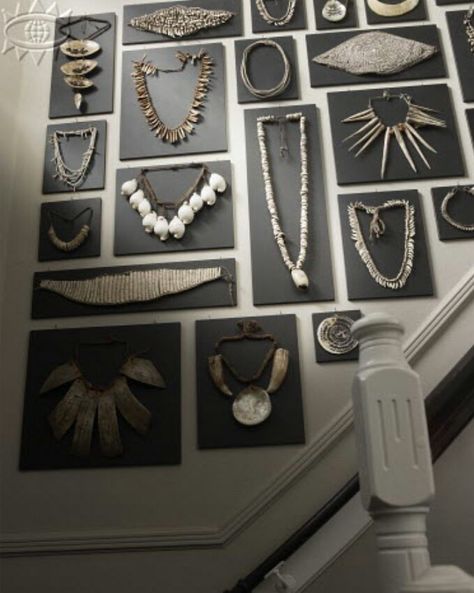 Even though this is in a home and looks like a museum display of tribal jewelry, the overall look of it would be fantastic for craft show display as well. Jewerly Display, Jewelry Booth, Jewerly Displays, Diy Jewelry Display, Jewelry Wall, Craft Show Displays, Booth Display, Necklace Display, Store Displays