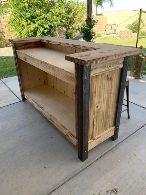 Metal Bar Counter, Wood And Metal Bar, Rustic Outdoor Bar, Homemade Bars, Deck Bar, Diy Outdoor Bar, Rustic Bookcase, Diy Home Bar, Outdoor Patio Bar