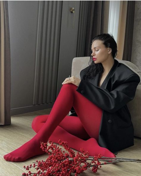 Red Pantyhose, Photoshoot Idea, Elegant Red, Shoot Ideas, On Fire, Black Jacket, Hosiery, Tights, Black And Red