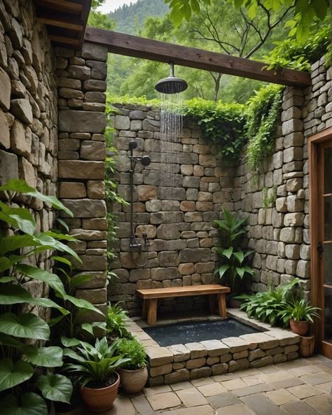 20 Refreshing Rustic Outdoor Shower Ideas To Bring The Spa To Your Backyard – ToolzView Rustic Outdoor Shower Ideas, Rustic Showers, Forest Lounge, Stone Shower Floor, Bathroom Sauna, Agro Tourism, Design A Garden, Outside Showers, Outdoor Shower Enclosure