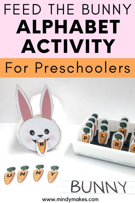 Teach your 2, 3, and 4 year olds the alphabet with this adorable feed the bunny game. Free Printable. All you need is an empty oatmeal container and cereal box. Alphabet reconition activities | Alphabet learning activities | Alphabet Activities for toddlers | Alphabet games for preschool | ABC learning activitites | how to teach letter recogntion | fun ways to teach the alphabet | bunny theme preschool activities | bunny theme activities for toddler | Rabbit crafts for preschoolers Bunny Theme Preschool Activities, Bunny Alphabet Letters, Alphabet Games For Preschool, Letter Practice Preschool, Alphabet Learning Activities, Prek Easter, Dayhome Ideas, Montessori Crafts, Bunny Activities