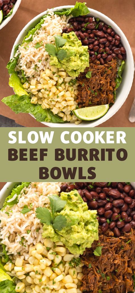 These Slow Cooker Beef Burrito Bowls are a delicious and easy make ahead meal.  All ingredients can be prepared ahead of time and putting the burrito bowls together just takes a few minutes. Just like your favorite Chipotle burrito bowl, but better! Slow Cooker Burrito, Chipotle Burrito Bowl, Beef Burrito, Chipotle Burrito, Burrito Bowls, Paleo Lunch, Easy Slow Cooker Recipes, Burrito Bowl, Make Ahead Meals