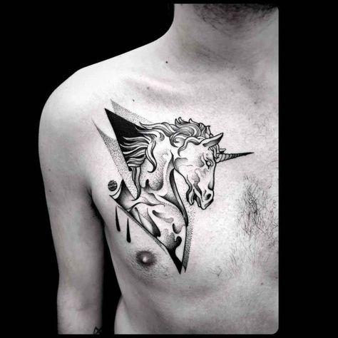 chest tattoo unicorn Unicorn Tattoo Ideas, Tattoo Unicorn, Scottish Unicorn, Unicorn Tattoo Designs, Lines Tattoo, Unicorn Tattoo, Phoenix Tattoos, Tatuagem Masculina Pequena, Tattoo Chest