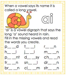 Long a vowel sound - ai worksheet. Free and printable from Classroom Treasures. Phonics Rhymes, Phonics Worksheets Free, Phonics Posters, Vowel Worksheets, Word Family Worksheets, First Grade Phonics, Phonics Rules, Long Vowel, Spelling Worksheets