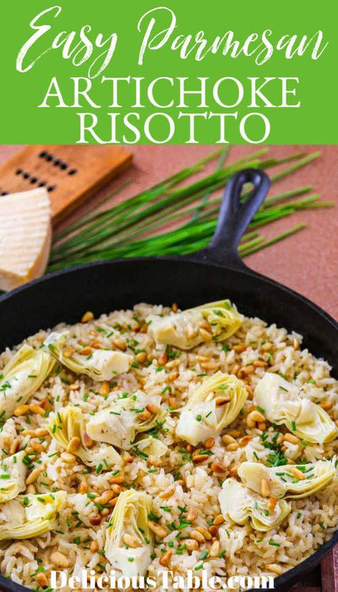 Parmesan Risotto is a classic side dish made with arborio rice, this recipe requires no constant stirring like most risotto recipes. It has artichokes, pine nuts, and grated parmesan cheese. You'll love this easy risotto recipe it makes an easy dinner side dish and there are ideas to change up the ingredients to what you love! Parmesan Artichoke, Artichoke Risotto, American Comfort Food Recipes, Easy Dinner Side Dishes, Bbq Side Dish Recipes, Easy Dinner Sides, Easy Risotto, Risotto Recipes Easy, Burger Side Dishes