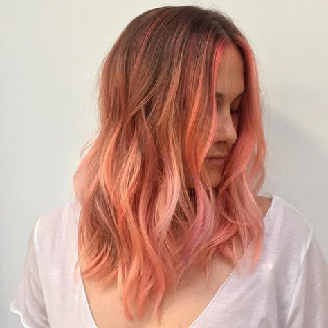 @mizzchoi Sunstone Hair Color, Peachy Pink Hair, Pink And Orange Hair, Feeling Peachy, Red Hair Looks, Peach Hair Colors, Pink Ombre Hair, Pink Blonde Hair, Hair Color Streaks