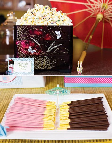 Poky Sticks, Japanese Printables, Japanese Theme Parties, Japan Party, Rainbow Popcorn, Cherry Blossom Party, Chinese Birthday, Pocky Sticks, Candy Sushi