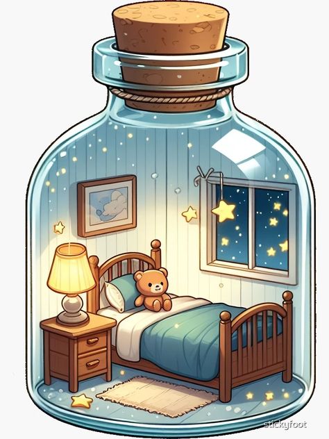 "Bedroom in a Bottle" Sticker for Sale by stickyfoot | Redbubble Drawings In A Bottle, Letter In A Bottle Drawing, World In A Bottle Drawing, Ship In A Bottle Drawing, Message In A Bottle Illustration, Time In A Bottle, Bedroom Stickers, Room Stickers, Bedroom Posters