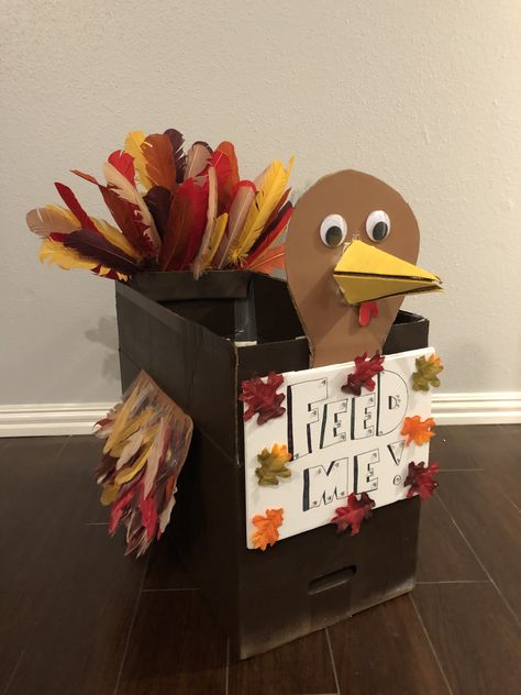 Turkey Donation Box Ideas, Turkey Box Craft, Turkey Food Drive Box Ideas, Thanksgiving Food Donation Box Ideas, Turkey Box Food Drive, Food Drive Boxes Ideas, Can Drive Box Ideas, Food Drive Box Decoration, Pto Thanksgiving Ideas