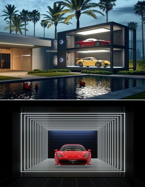 The supercar garage can be built as an extension to an existing room of the house or as a new detached parking space. There are also options to remodel an existing garage and have a mechanized tower in the house. Supercar Garage Design, Luxury Car Garage Design, Supercar Garage, Garage Storage Hacks, Car Garage Ideas, Garage Organization Storage, Car Garage Design, Appliances Garage, Organize Garage