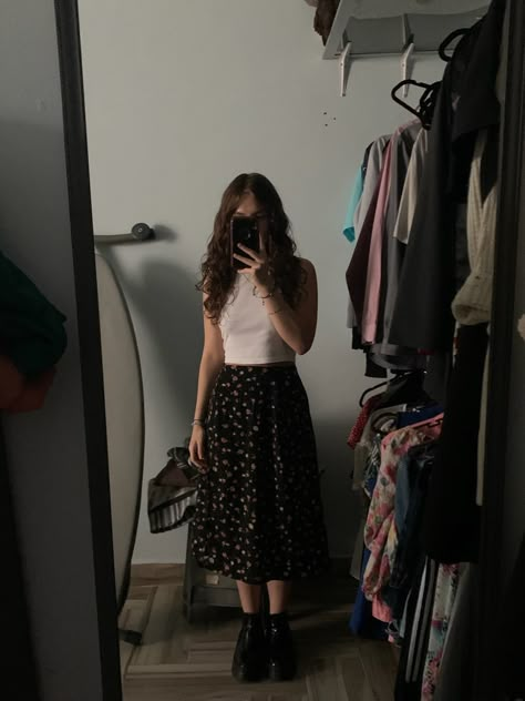 skirt, black boots, mirror, flowers, white blouse Black Flower Skirt Outfit, Whimsical Style Outfits, Flower Tops Outfit, Flower Skirt Outfit, Gig Outfit, Floral Skirt Outfits, Skirt Outfits Aesthetic, Rok Outfit, Midi Dress Outfit