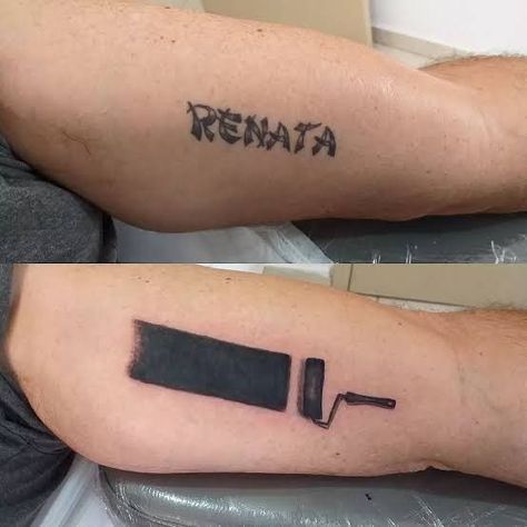 Paint Brush Cover Up Tattoo, Small Wrist Tattoos Cover Up, Cover Up For Name Tattoos, Funny Cover Up Tattoos, Simple Cover Up Tattoos Men, Tattoo Cover Up For Words, Recover Tattoo Ideas, Tattoo Cover Ups Men, Leg Coverup Tattoo Men