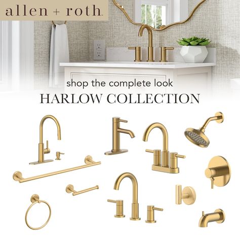 allen + roth Harlow Brushed Gold Single Hole 1-Handle WaterSense Bathroom Sink Faucet with Drain and Deck Plate 67746W-604408 at Lowes.com Brushed Gold Bathroom Fixtures, Cottage Restoration, Gold Sink Faucet, Gold Bathroom Fixtures, Cottagecore Bathroom, Brass Bathroom Fixtures, Brass Bathroom Hardware, Gold Bathroom Faucet, Bar Toilet