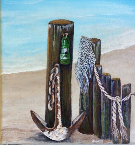 VINTAGE..anchor.. pilings..old net...rope..lantern ..original acrylic art….coastal..nautical..beach..............Original acrylic painting Painted Barstools, Rope Lantern, Beach Art Painting, Nautical Painting, Painting Ocean, Sip N Paint, Painting Party, Painting Classes, Amazing Paintings