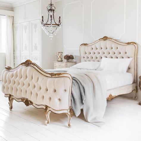 White Hardwood Floors, Emperor Bed, French Style Bedroom Furniture, Wood And Upholstered Bed, Linen Upholstered Bed, Parisian Bedroom, French Style Bed, French Style Bedroom, French Bed