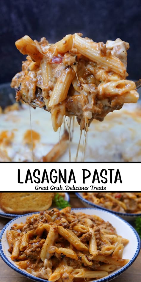 A double collage photo of lasagna pasta. Red Sauce Pasta Recipes Ground Beef, Dinner For One Person Easy, Pasta Recipes With Meat, Meals With Noodles, Lasagna Pasta Recipe, Baked Pasta With Ground Beef, Ground Beef Mozzarella, Freezer Casseroles, Pasta With Meat