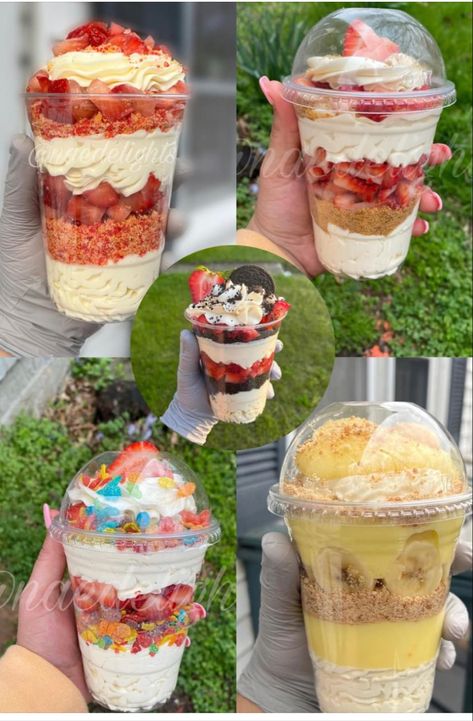 Snack Selling Ideas, Ice Cream Cups Ideas, Bakery Selling Ideas, Selling Sweets Ideas, Baked Items To Sell, Cake Cup Flavors, Food Truck Snacks, Dessert Food Truck Ideas, Dessert Recipes To Sell