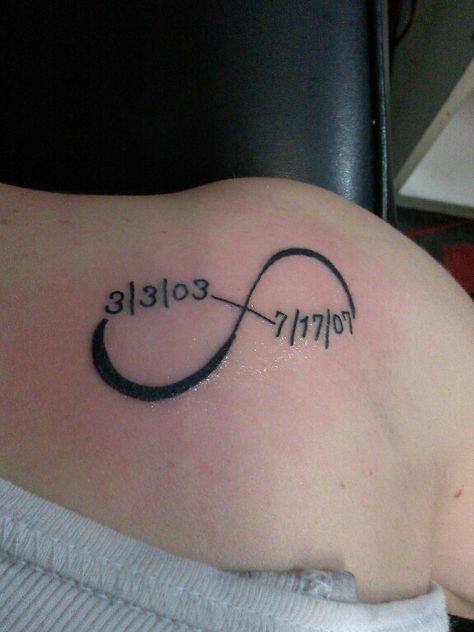 Infinity tattoo with my kids birthdates Initial And Birthdate Tattoo, Infinity Tattoo With Birthdate, Kids Birthdate Tattoos, Tattoo Ideas Cursive, Infinity Tattoo Birthdate, Infinity With Names Tattoo Designs, Birthdate Tattoo Ideas, Small Tattoos Infinity Sign, Infinity Signs Small Tattoos