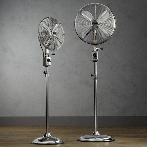 RH’s Allaire telescoping floor fan is constructed of shiny solid steel; $259 for 12-inch-diameter model. rh.com Fan Repair, Pedestal Fans, Industrial Fan, Room Fan, Floor Fans, Pedestal Fan, Vintage Floor, Blue Bottle, Modern Fan