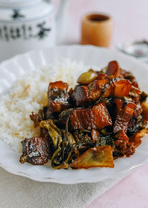 Chinese Pork Belly with Pickled Mustard Greens - The Woks of Life Chinese Braised Pork Belly, Chinese Braised Pork, Chinese Pork Belly, Pickled Mustard Greens, Chinese Mustard, The Woks Of Life, Woks Of Life, Wok Recipes, Ginger Pork