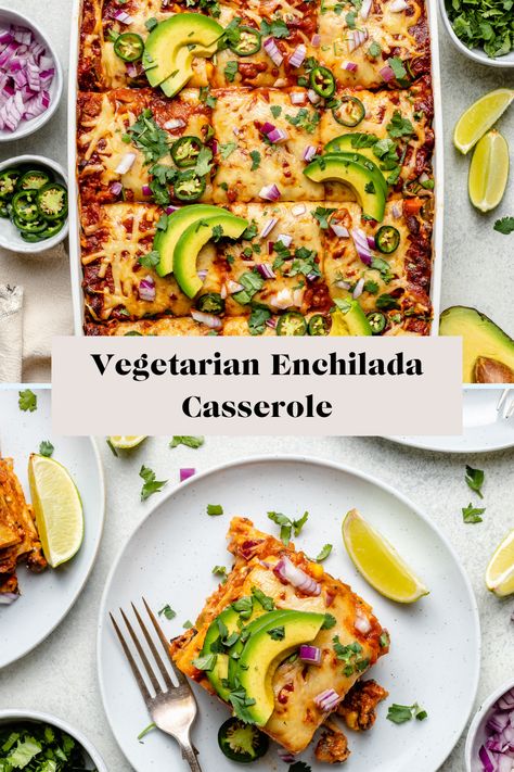 This delicious Vegetarian Enchilada Casserole is so good, easy to make, and the perfect veggie-filled comfort food. Vegetarian Enchilada, Vegetarian Enchilada Casserole, Veggie Enchiladas, Vegetarian Enchiladas, Enchilada Casserole Recipes, Enchilada Casserole, Sauteed Veggies, Healthy Lunch Recipes, Delicious Vegetarian