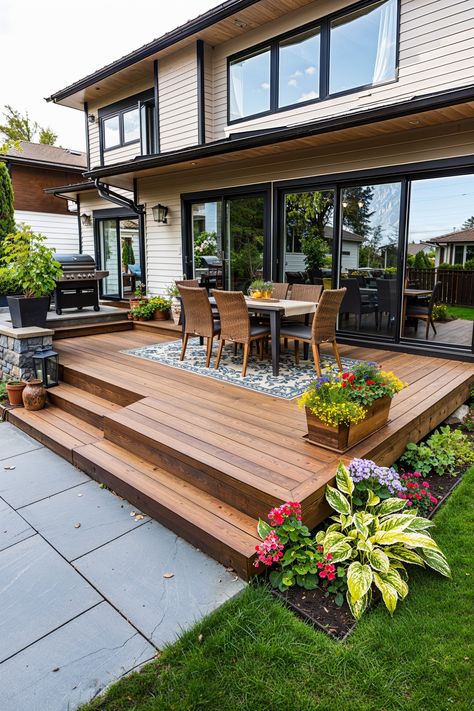 A patio deck is the perfect way to extend your home. Bridge the gap between the indoors and the outdoors and take advantage of all that extra space.

Did you know that a simple patio deck can be built in a single day? Check out our video tutorial that shows you how to build one with every step covered. Floating Deck With Steps, Patio Deck Designs Layout, Deck Across Front Of House, Backyard Deck Designs Ground Level, Patio And Deck Combo, Platform Deck Ideas, Deck And Patio Combo Backyards, Patio Off Of Deck Ideas, Deck And Patio Combo