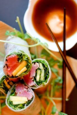 Steak Spring Rolls, Tuna Spring Rolls, Tuna Fresh, Avocado Rolls, Mango And Avocado, Seared Ahi Tuna, Soy Dressing, Tuna Roll, Tuna Steak