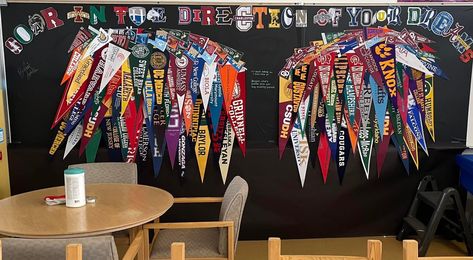 College Acceptance Wall School Counselor, College Pennant Display School Counselor, College Is In-tents Bulletin Board, Classroom Etiquette, School Pendant Flag, Team Pennants, History Teacher Classroom, Counselor Bulletin Boards, College Pennants