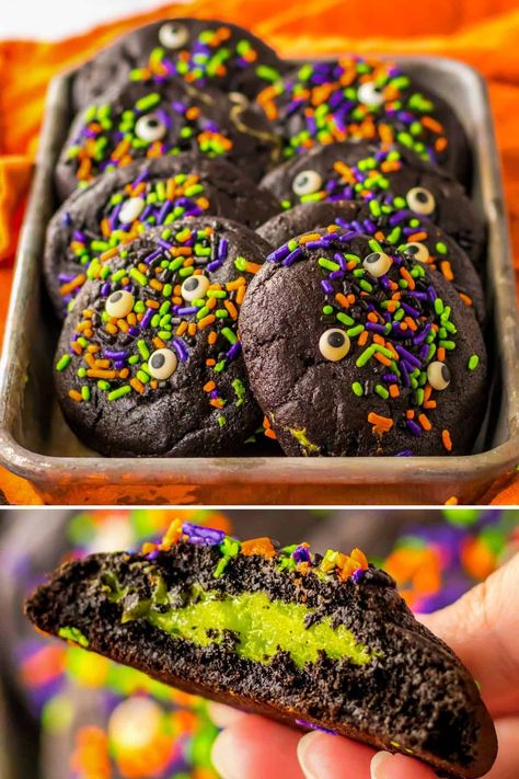 These dark chocolate Halloween cookies pack a fun surprise - a creamy slime-filled center! Rich black velvet cookies are stuffed with a bright green cheesecake filling and topped with candy eyeballs and festive sprinkles for a spooky cookie recipe that is perfect for Halloween. Chocolate Halloween Cookies, Green Cheesecake, Halloween Dessert Recipe, Spooky Cookies, Wishes And Dishes, Surprise Cookie, Chocolate Halloween, Cream Cheese Ball, Velvet Cookies