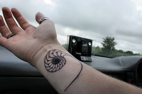 Nine Inch Nails "The Downward Spiral" tattoo love this! #NIN #outline Nine Inch Nails Tattoo, Golden Spiral Tattoo, Nautilus Tattoo, Black Line Tattoo, Spiral Tattoos, Nails Tattoo, Shell Tattoos, Tattoo Thigh, 4 Tattoo