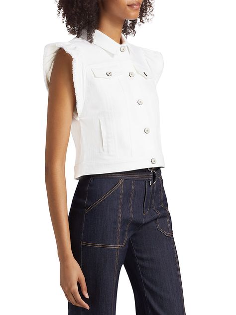 "Find CINQ À SEPT Adley Denim Crop Vest on Editorialist. This denim Cinq à Sept vest is defined by a spread collar, flap pockets, and a button-front closure. Spread collar Sleeveless Front flap pockets Button-front closure 75% cotton/24% polyester/1% elastane Dry clean Made in Italy SIZE & FIT About 20.75\" from shoulder to hem Model measurements: 5'10\" tall Model is wearing a US size Small ABOUT THE BRAND Inspired by the radiant, magical hours between 5 and 7 PM-which is what the label's French name translates to-founder Jane Siskin designs sophisticated, feminine pieces for both workweek and the weekend. The designer's silhouettes also play with volume and eye-catching trimmings-perfect for cocktails or a special night out. Cinq à Sept. Color: White. Size: XS." French Name, Crop Vest, Denim Vests, Silk Sleeveless Top, Cropped Vest, Outerwear Vest, Vest White, White Sleeveless, Sleeveless Vest