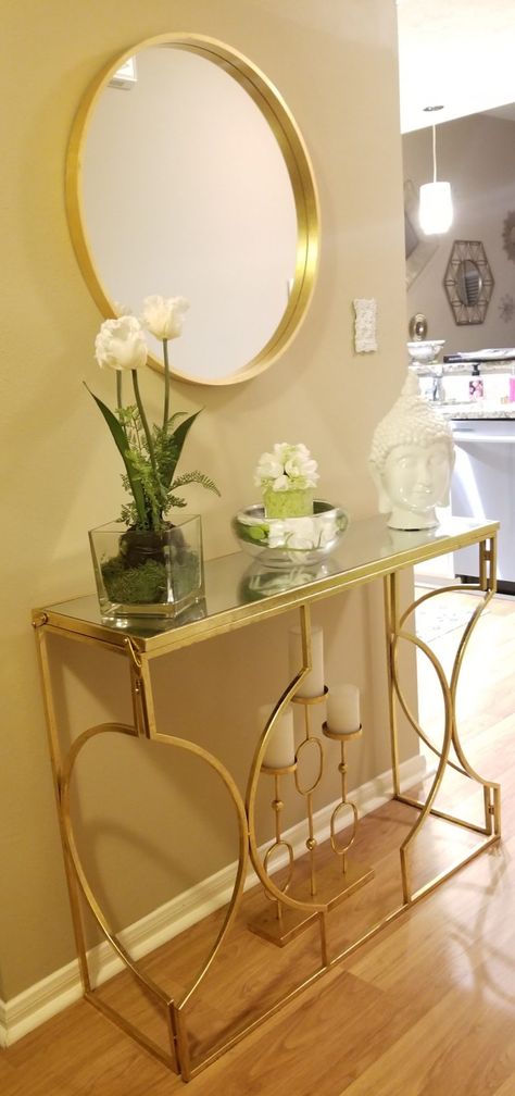 Gold Entryway Decor, Console Table Decorating Gold, Entryway Decor Gold, Gold Console Table Decor Entryway, Glam Hallway Decor, Gold Entryway Table, Gold Hallway, Gold Home Decor Ideas, Gold Console Table Decor