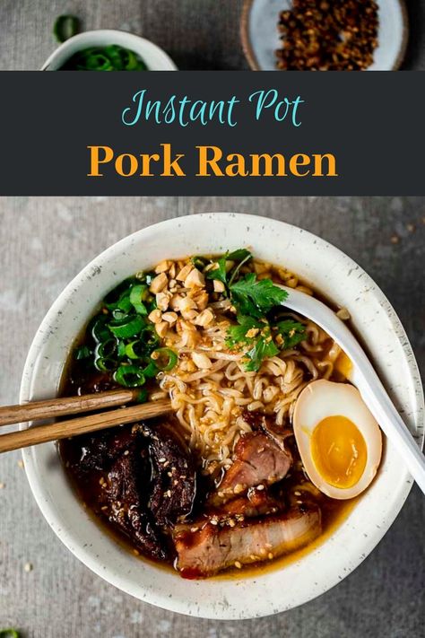 Rich pork broth, sweet and salty caramelized pork, jammy ramen eggs and thick, chewy noodles make this Instant Pot Ramen just incredible! Using the Instant Pot makes this recipe super easy to make. Restaurant quality ramen right in your own home. Sticky, caramelized pork, tender melt-in-your-mouth pork belly and jammy ramen eggs is really all you need in life in my opinion. Pork Ramen Recipe, Instant Pot Ramen, Pork Instant Pot, Ramen Pork, Ramen Easy, Best Dinner Recipes Ever, Ramen Eggs, Pork Belly Recipes Crispy, Chewy Noodles