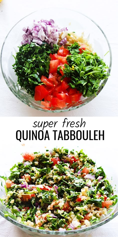 Fresh and healthy quinoa salad aka quinoa tabbouleh! This quinoa recipe is easy, vegan, gluten-free and delicious - great healthy side dish that goes with almost anything! Quinoa Tabouleh, Healthy Quinoa Salad, Quinoa Tabbouleh, Healthy Quinoa, Quinoa Recipe, Tabbouleh Salad, Healthy Side Dish, Clean Eating For Beginners, Quinoa Healthy