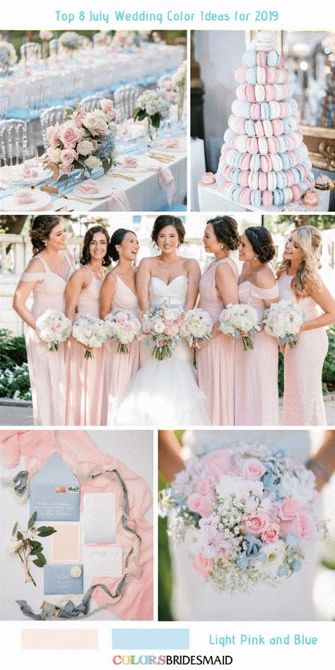 July Wedding Color ideas for 2019- Light Pink + Blue July Wedding Colors, Pink And Blue Wedding, Light Pink Bridesmaids, Pastel Wedding Theme, Light Pink Bridesmaid Dresses, Blue And Blush Wedding, Pink Wedding Colors, Wedding Color Ideas, Light Pink Wedding