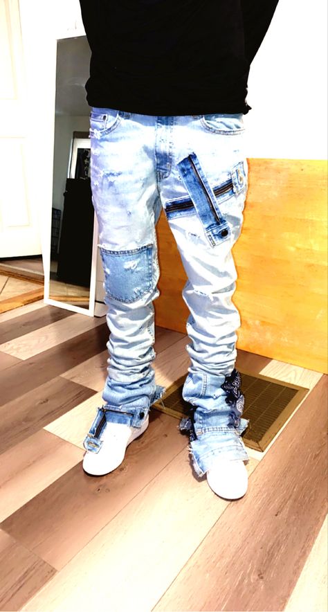 Diy Stacked Jeans Men, Stack Jeans Outfit Men, Cheap Patchwork Jeans For Streetwear, Stacked Jeans Men, Mens Stacked Jeans, Custom Jeans Diy, Man Dress Design, Elegant Summer Outfits, Dreadlock Hairstyles For Men