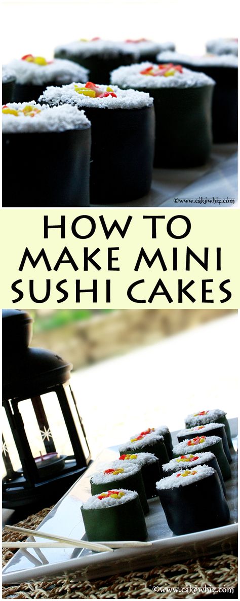 How to make MINI SUSHI CAKES. These are actually little cakes that look just like sushi. So much fun to make for kids and even great for April Fool's Day just for a few laughs ;) From cakewhiz.com Sushi Roll Cake Birthday, Sushi Cake Roll, Sushi Roll Cake, Sushi Party Decorations, Sushi Cake Birthday, Sushi Birthday Cake, Sushi Tutorial, Sushi Cakes, Cake Sushi