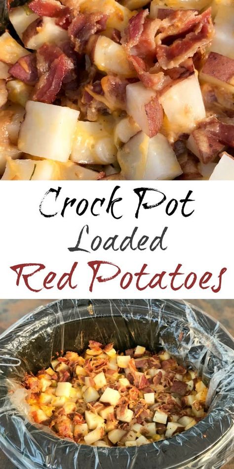 simple red potatoes in crock pot loaded with bacon, ranch seasoning, cheese and chives Red Potato Crockpot Recipes, Crockpot Sides Recipes, Recipes With Red Potatoes, Red Potatoes In Crockpot, Loaded Red Potatoes, Crock Pot Potluck Recipes, Vegetables Crockpot, Potatoes In Crock Pot, Side Potatoes