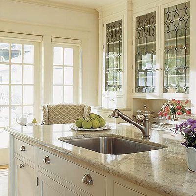 Glass Front Kitchen Cabinets, Leaded Glass Cabinets, Off White Kitchen Cabinets, Glass Kitchen Cabinet, White Kitchen Inspiration, Ivory Kitchen, Glass Kitchen Cabinet Doors, Glass Kitchen Cabinets, Off White Kitchens