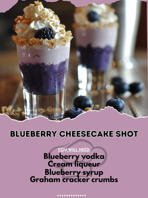 🍰 Treat yourself to a Blueberry Cheesecake Shot! 🥄✨ #BlueberryCheesecakeShot #SweetSips Blueberry Cheesecake Shot Ingredients: Blueberry vodka (1 oz) Cream liqueur (1 oz) Blueberry syrup (1/2 oz) Graham cracker crumbs (for rimming) Whipped cream (for topping) Fresh blueberries (for garnish) Instructions: Rim the shot glass with graham cracker crumbs. Pour blueberry vodka, cream liqueur, and blueberry syrup into a shaker with ice. Shake well. Strain into the prepared shot glass. Top with w... Blueberry Vodka, Cocktail Drinks Alcoholic, Bakery Food, Blueberry Syrup, Yummy Alcoholic Drinks, Cream Liqueur, Drinks Alcohol, Shot Recipes, Cocktail Drinks Recipes