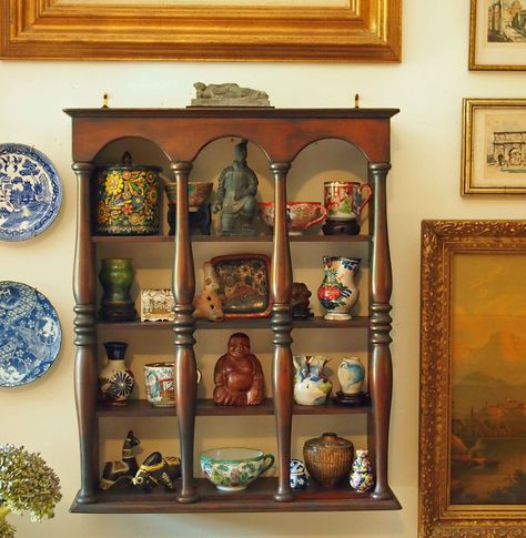 Entry Table With Mirror, Small Display Shelf, Curio Cabinet Displays, Trinket Shelf, Blue And White Curtains, Audubon Prints, Curio Shelf, Glass Front Cabinets, Shadow Box Art