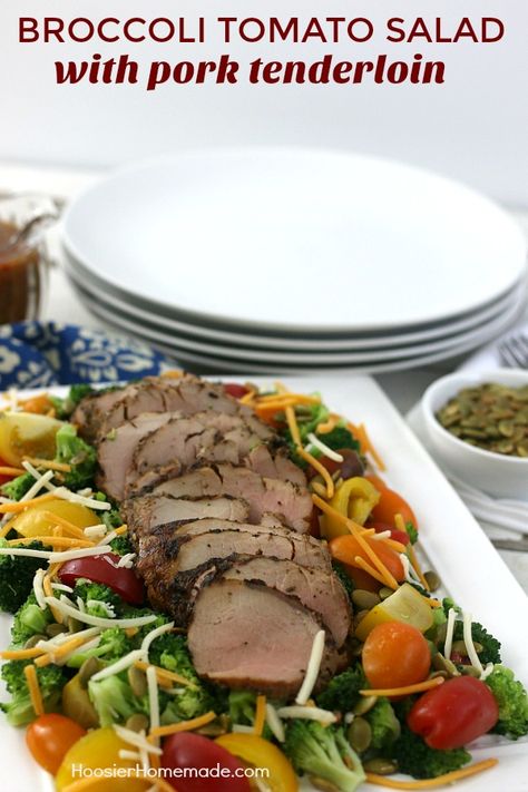 This Broccoli Tomato Salad with Pork Tenderloin is easy enough to make for a weeknight dinner yet elegant enough to serve to guests! Island Pork Tenderloin, Pork Tenderloin Salad, Salad With Pork, Pork Tenderloin Medallions, Easy French Toast Recipe, Easy Summer Dinners, Make French Toast, Healthy Living Recipes, Tenderloin Recipes