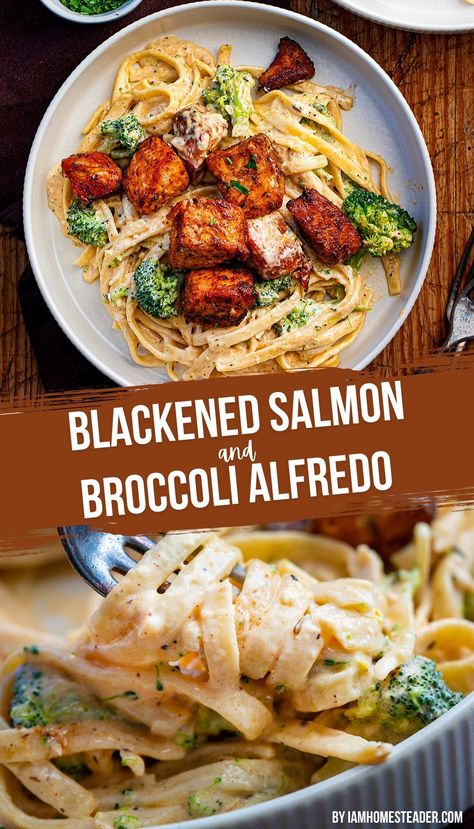 The first image shows a white plate with the blackened salmon and broccoli alfredo on it on a wooden countertop. The second image is a close up of a fork with the pasta wrapped around it. Creamy Fettucini Alfredo, Creole Pasta, Salmon Broccoli, Seasoned Salmon, Fettucini Alfredo, Salmon Pasta Recipes, Broccoli Pasta Recipe, Sauteed Onions, Lenten Recipes